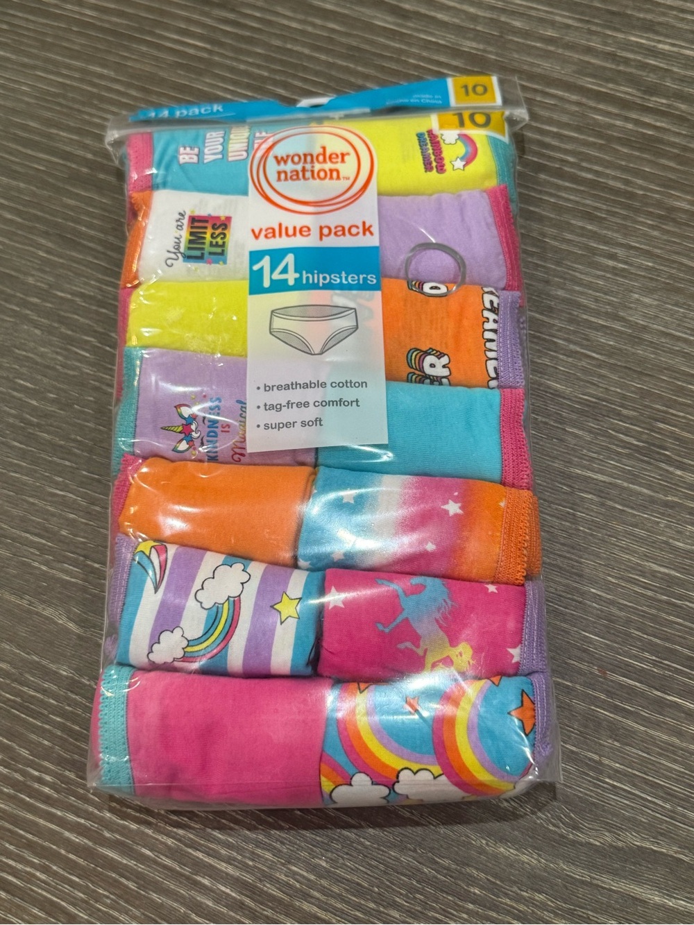 NWT Size 10 Wonder Nation Girls' Colorful Rainbow Hipster Underwear 14 Pack